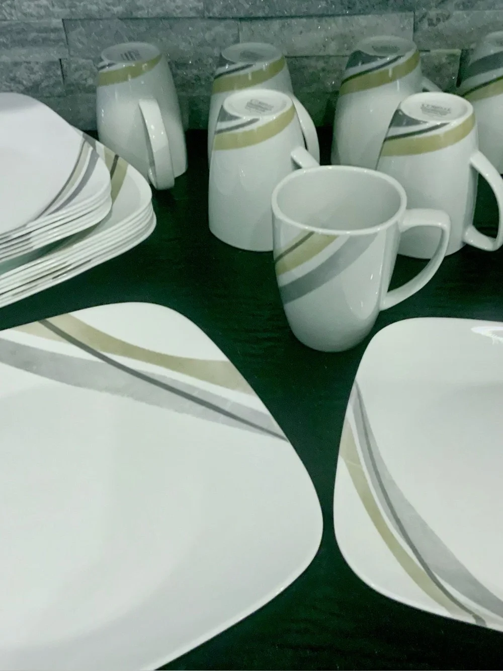 White Ceramic Dinnerware Set with Gold and Gray Accent Stripe - Home Dining
